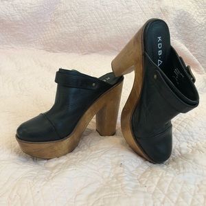 KDB Black Leather Mule With Wooden Block Heel